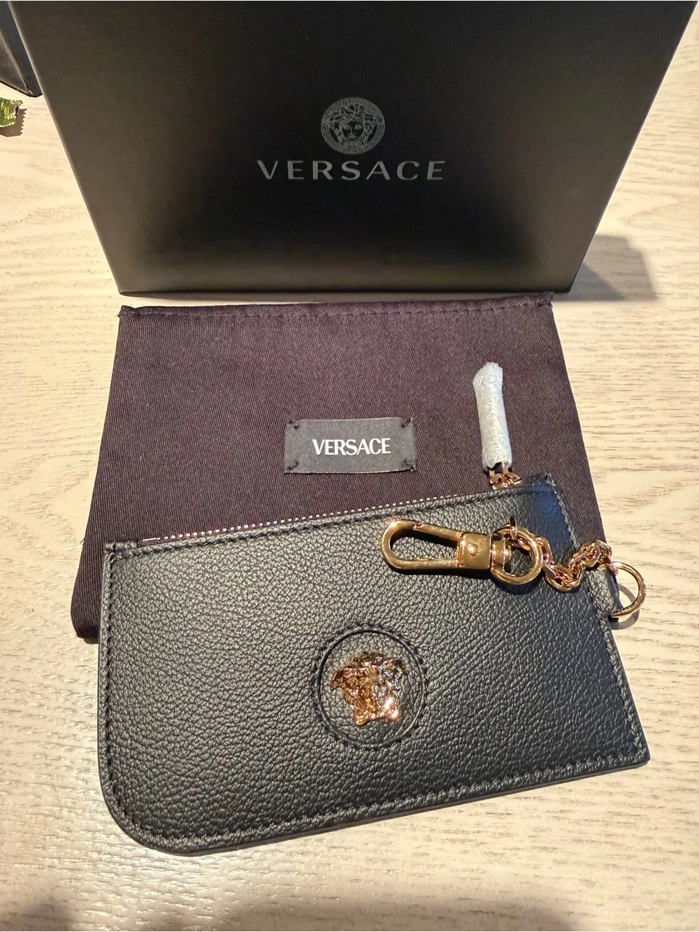 Versace Black Leather Card Case with Gold Medusa Accent